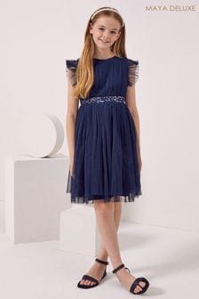 Maya Navy Blue Embellished Waist Tulle Party Dress - Girls (P50975) | €25