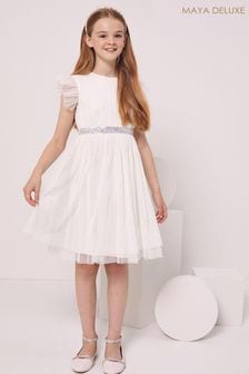 Maya White Embellished Waist Tulle Party Dress - Girls (P50976) | €27