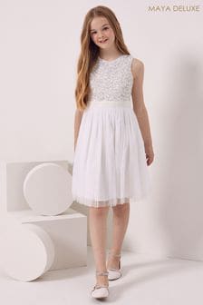 Maya White Embellished Waist Tulle Dress - Girls (P50980) | DKK539