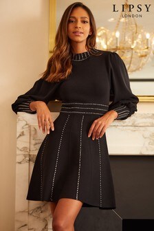 Lipsy Black Embellished Knit Skater Dress (P51624) | $100