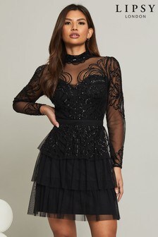 Lipsy Black Black Embroidered Sequin Long Sleeve Skater Dress (P51913) | $146