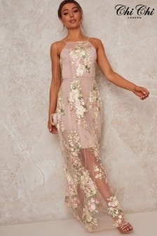 Chi Chi London Brown Sleeveless Embroidered Lace Maxi Dress (P52063) | €69