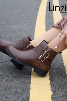 Linzi Brown Faux Leather Ankle Boot With Contrast Design & Buckle Detail