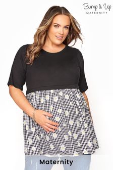 Bump It Up Maternity Black Maternity Contrast Gingham Floral Smock Top (P52119) | ₪ 112