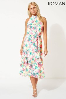 Roman Pink Tie Waist Floral Midi Dress (P52903) | ₪ 233