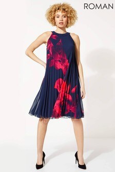 Roman Navy Floral Pleated Swing Dress (P52917) | CA$177