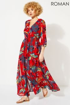 Roman Red Tropical Print Belted Maxi Dress (P53022) | AED233