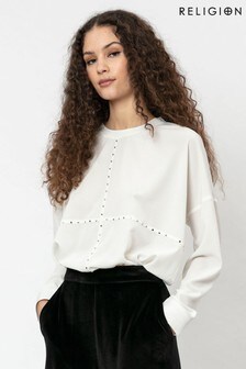 Religion Winter White Long Sleeved Woven Top With Stud Detailing On The Front (P53683) | ₪ 210