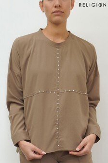 Religion Pine Long Sleeved Woven Top With Stud Detailing On The Front (P53684) | ₪ 148