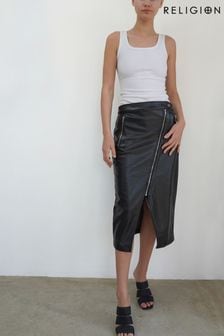 Religion Black Pu Midi Biker Skirt With Zip Detailing (P53734) | €81