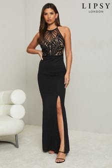 Lipsy Black Applique Halter Maxi Dress (P53762) | €115