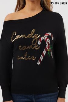 Fashion Union Candy Cane One Shoulder Christmas Jumper (P54814) | 34 €