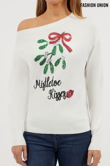 Cu text Mistletoe Kisses - Pulover de Crăciun cu un umăr Fashion Union (P54815) | 187 LEI