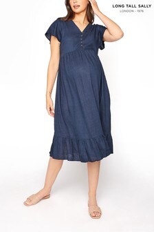 Long Tall Sally Blue V-Neck Angel Sleeve Linen Blend Dress (P54885) | ₪ 89