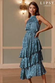 Lipsy Blue Regular Printed Tiered Halter Midi Dress (P55372) | 96 € - 99 €
