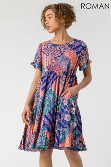 Blau - Roman Geblümtes Kleid mit Knopfdetail (P57114) | 47 €