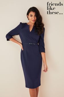 Friends Like These Navy Blue Short Sleeve Belted V Neck Tailored Midi Dress (P57349) | $105