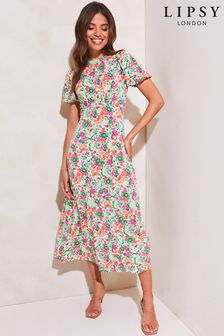 Petites fleurs vert - Robe d’été midi Lipsy en jersey à manches courtes bouffantes (P57365) | 58€
