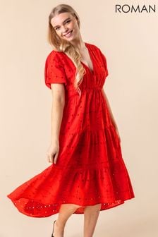 Roman Red Broderie Tiered Smock Dress (P57411) | 56 €
