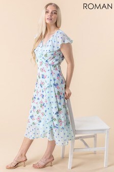 Roman Blue Floral Spot Print Frill Wrap Dress (P57414) | 65 €
