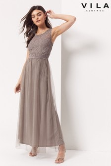 Vila Brown Sleeveless Lace And Tulle Maxi Dress (P57585) | $73