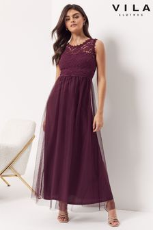 Vila Burgundy Red Sleeveless Lace And Tulle Maxi Dress (P57586) | $73