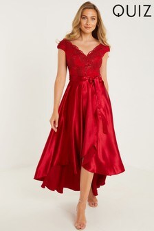 Quiz Red Lace Bardot Dip Hem Dress (P58752) | $132