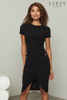 Czarny - Kopertowa sukienka midi Lipsy z falbanami i guziczkami (P59229) | 220 zł