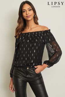 Lipsy Black Spot Frill Bardot Top (P59263) | €21.50