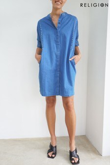 Religion Blue Chambre Denim Tunic Mini Dress With Stud Details (P60463) | €81