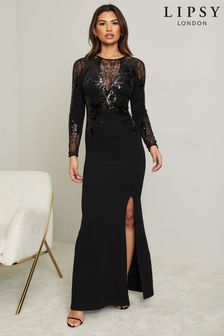 Lipsy Black Petite Long Sleeve Embelished Maxi Dress (P61562) | €73