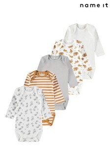 Name It White, Grey with Animal Print 5 Pack Long Sleeve Baby Bodysuit (P61965) | R585