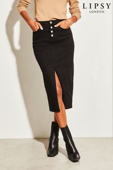 Lipsy Black Button Fly Detail Denim Midi Skirt (P62176) | kr487