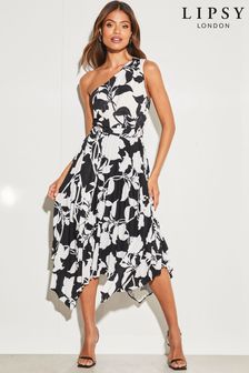 Lipsy Black and White One Shoulder Belted Pleated Midi Dress (P63769) | €22.50