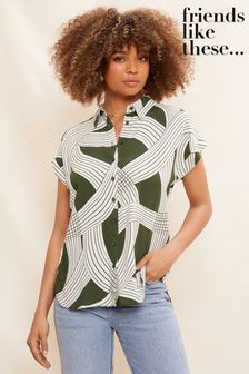 Friends Like These Khaki Green Printed Short Sleeve Button Through Shirt (P63930) | €17