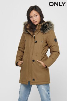 Only Brown Parka Jacket With Faux Fur Hood (P64399) | $83