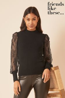 Friends Like These Black Lace Sleeve Jumper (P64566) | €19.50