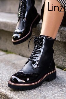Linzi Black Jess Patent  Nappa Brogue Style Lace Up Military Boot (P67051) | ₪ 210