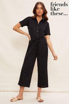 Friends Like These Black Jersey Short Sleeve Button Up Wide Leg Jumpsuit (P67269) | $92