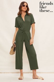 Friends Like These Jersey Short Sleeve Button Up Wide Leg Jumpsuit