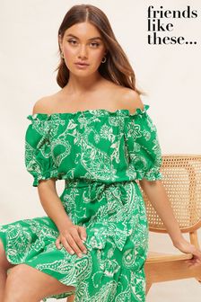 Green - Friends Like These Bardot Short Sleeve Belted Mini Dress (P67691) | kr700