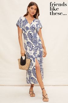 Friends Like These Blue Paisley V-Neck Short Sleeve Button Up Slit Midi Dress (P67692) | AED250