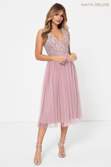 Maya Pink Regular V Neck Sleevless Sequin Midi Dress (P69592) | €92