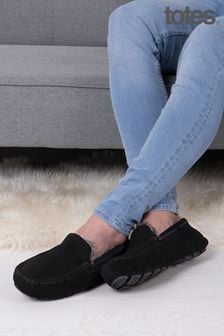 Totes Black Isotoner Mens Real Suede With Closed Stitch Moccasin Slippers (P69791) | INR 6,283