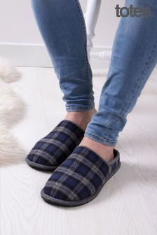 Totes Grey Isotoner Mens Wool Check Mule Slippers (P69799) | SGD 43