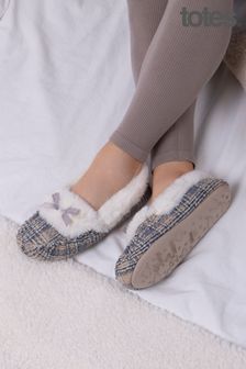Totes Grey Ladies Brushed Check Moccasin Slippers (P69876) | ₪ 130