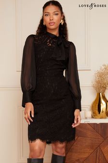 Love & Roses Black Chiffon Tie Neck Long Sleeve Mix Lace Sheer Mini Dress (P70046) | €79