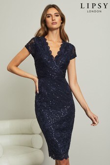 Lipsy Navy Sequin Lace Ruched Sleeve Bodycon Dress (P70079) | 61 €