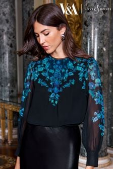 V&A | Love & Roses Black and Blue Printed Ruched High Neck Long Sleeve Chiffon Blouse (P70650) | 19,910 Ft