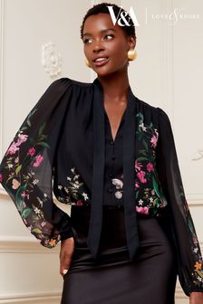 V&A | Love & Roses Black Printed Pussy Bow V Neck Button Through Long Sleeve Blouse (P70652) | CA$122